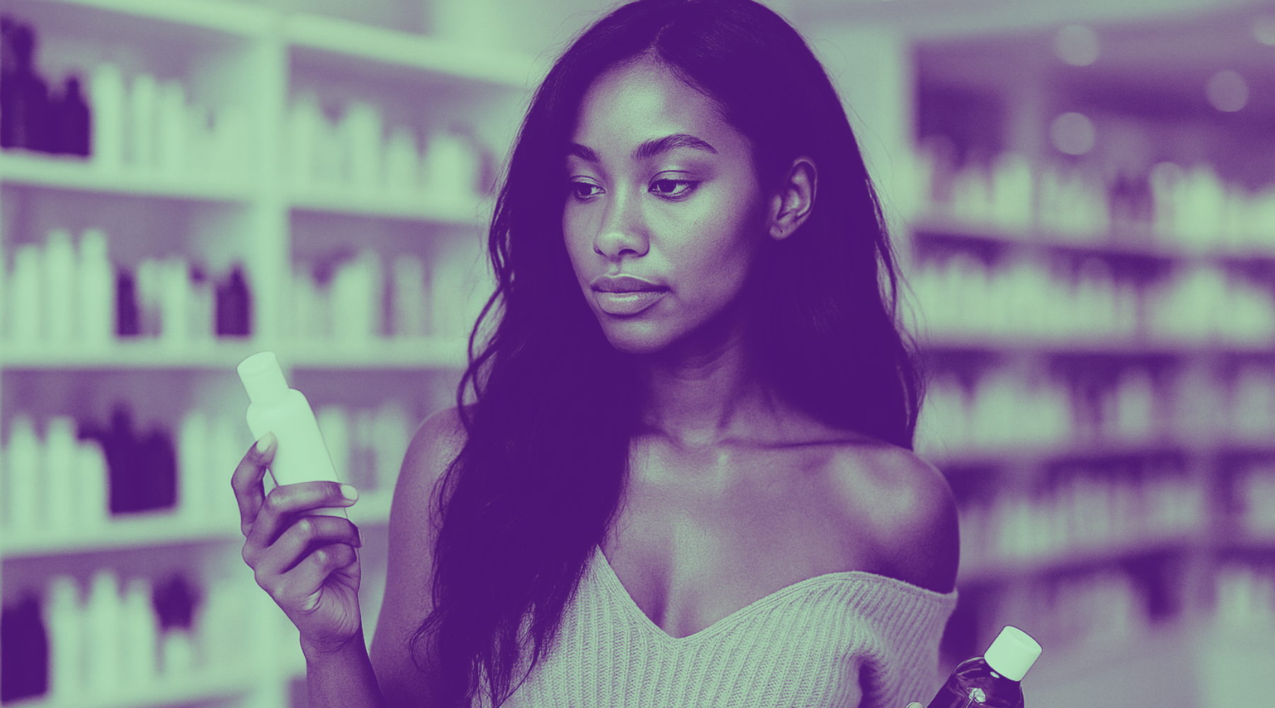 A pretty Black woman with long dark hair shops for beauty products