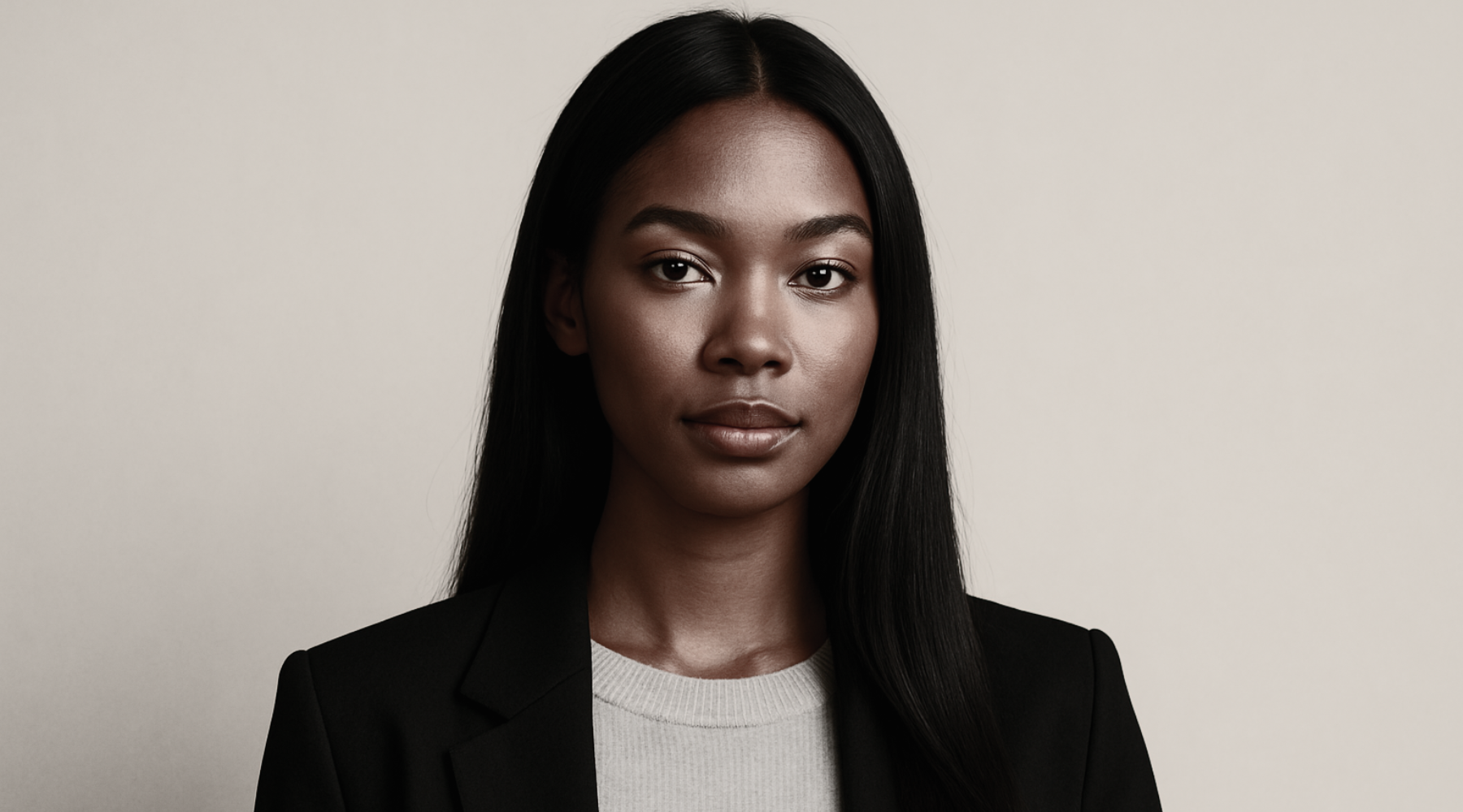A Black fashion model with long straight hair wearing business professional clothing on a neutral background