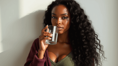 A beautiful Black model wearing fall weather clothes sipping from a glass of water