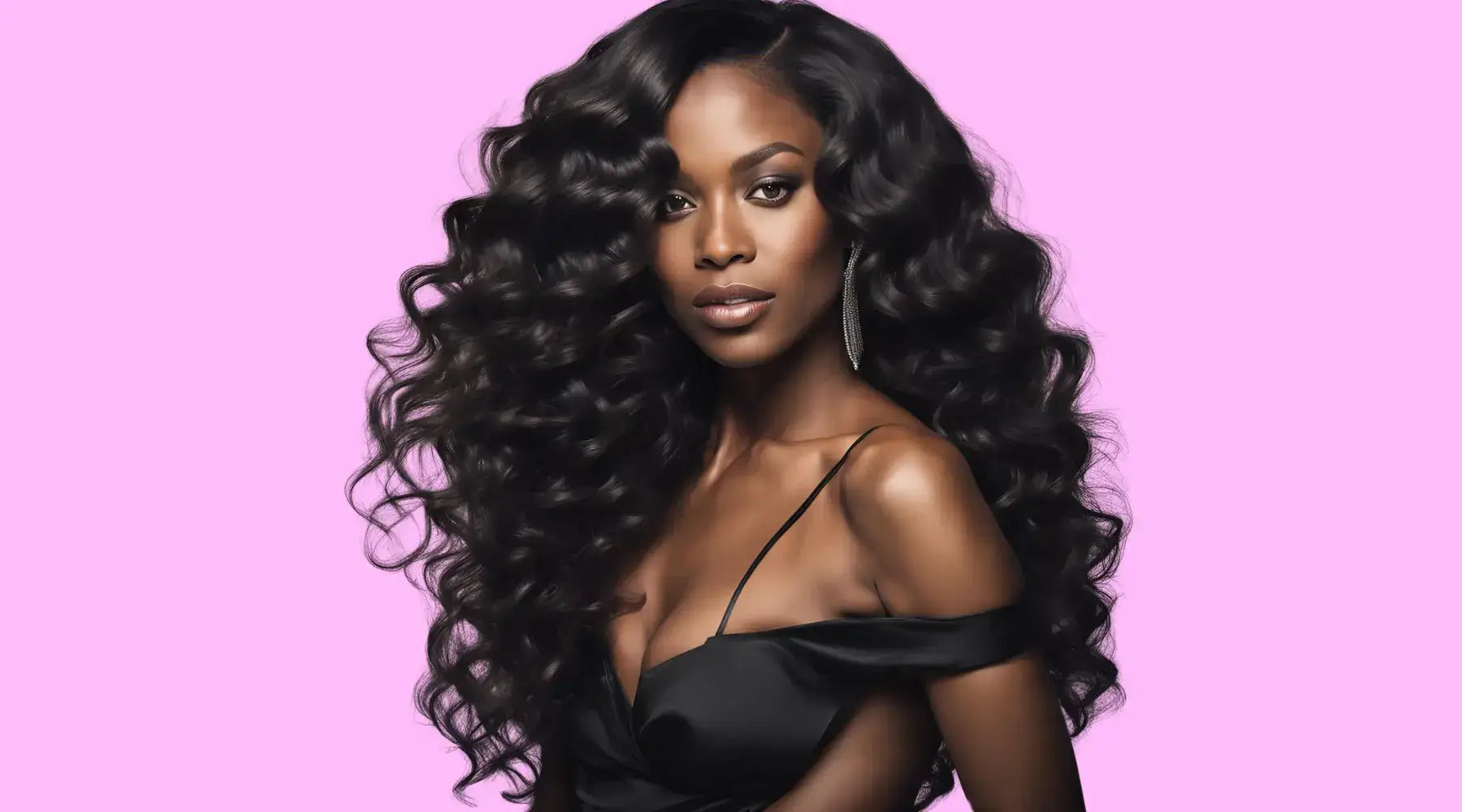 A beautiful Black woman wearing a black cocktail dress and deep wave hair extensions