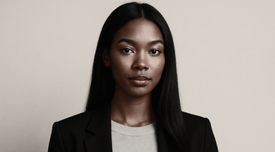 A Black fashion model with long straight hair wearing business professional clothing on a neutral background