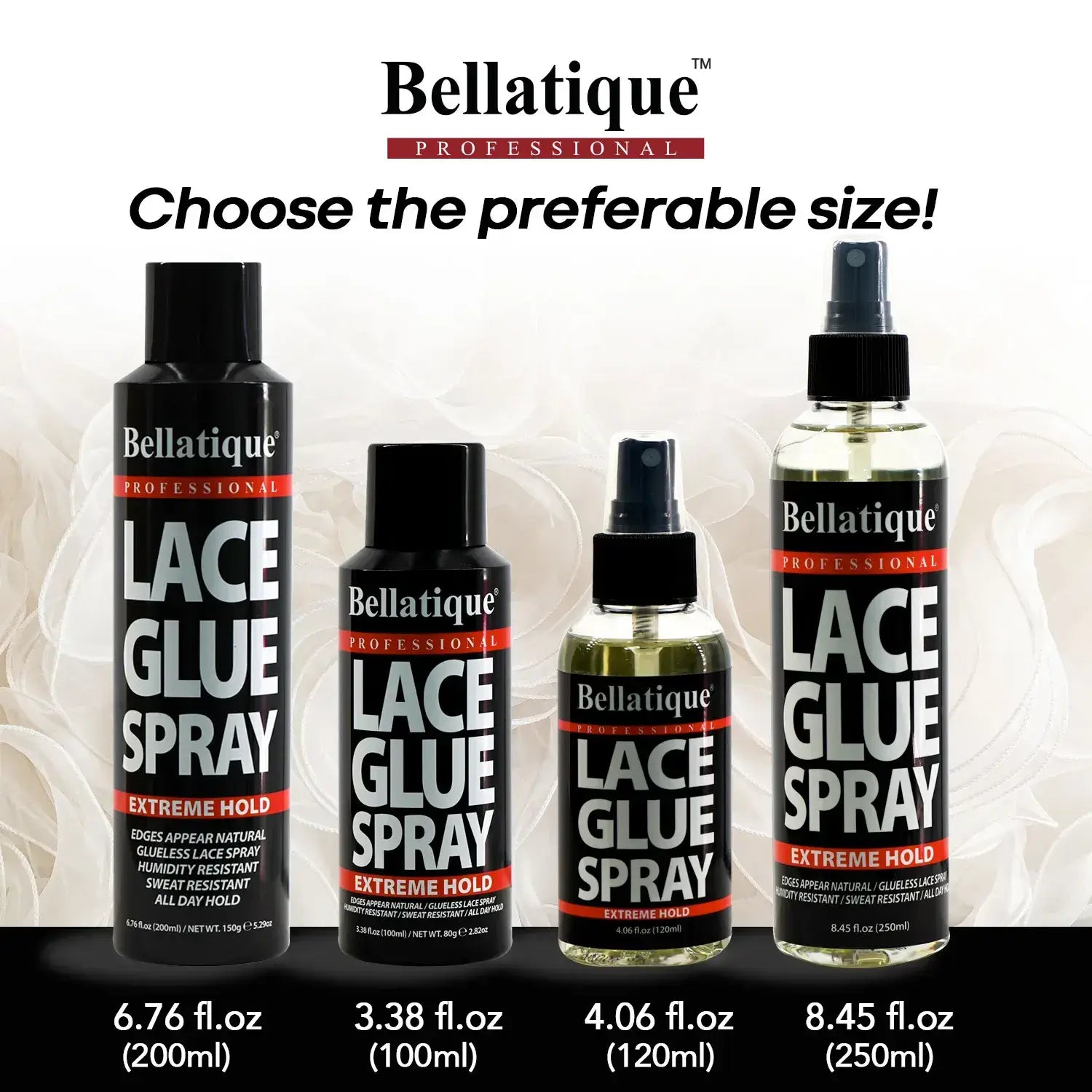 Designed Bellatique® Professional Lace Glue Spray available sizes information sheet