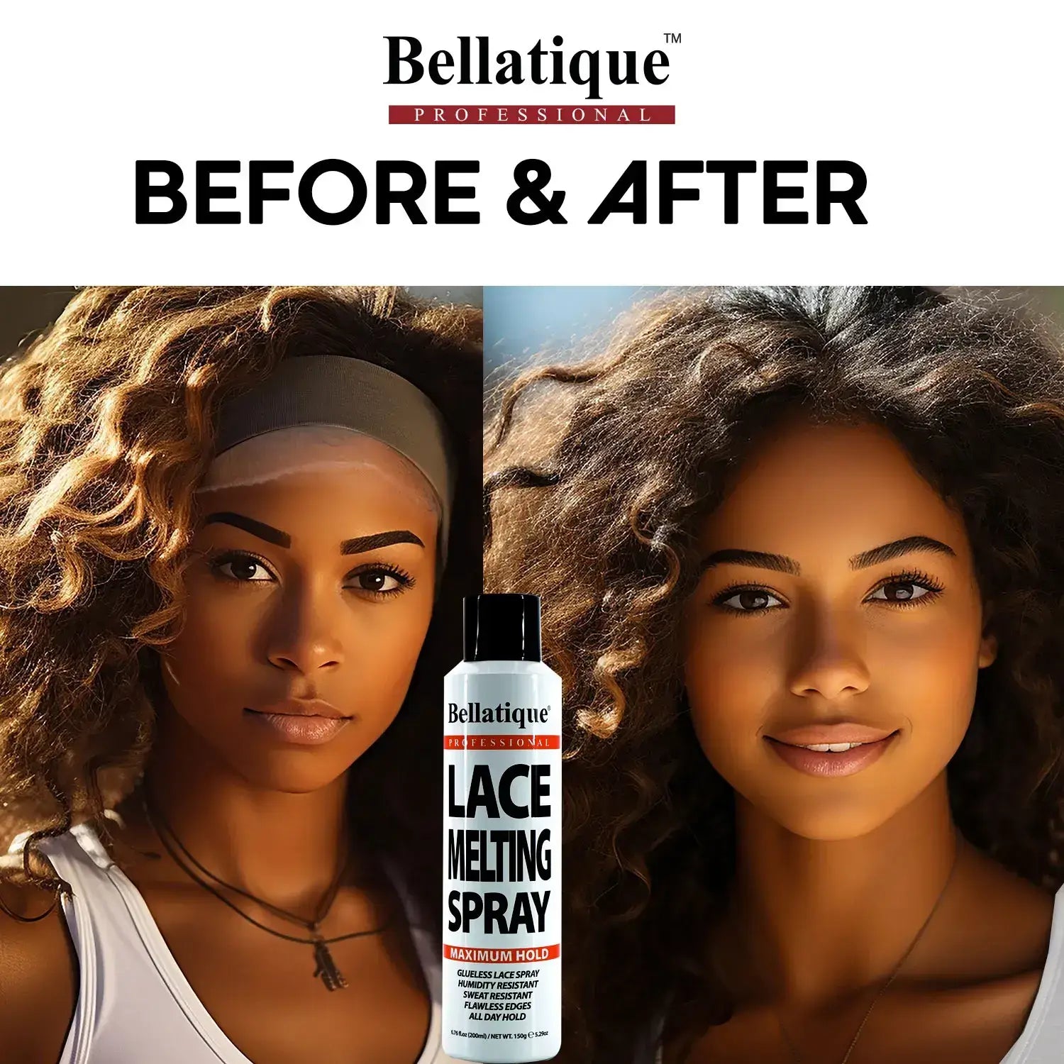 Designed Bellatique® Professional Lace Melting Spray before and after sheet