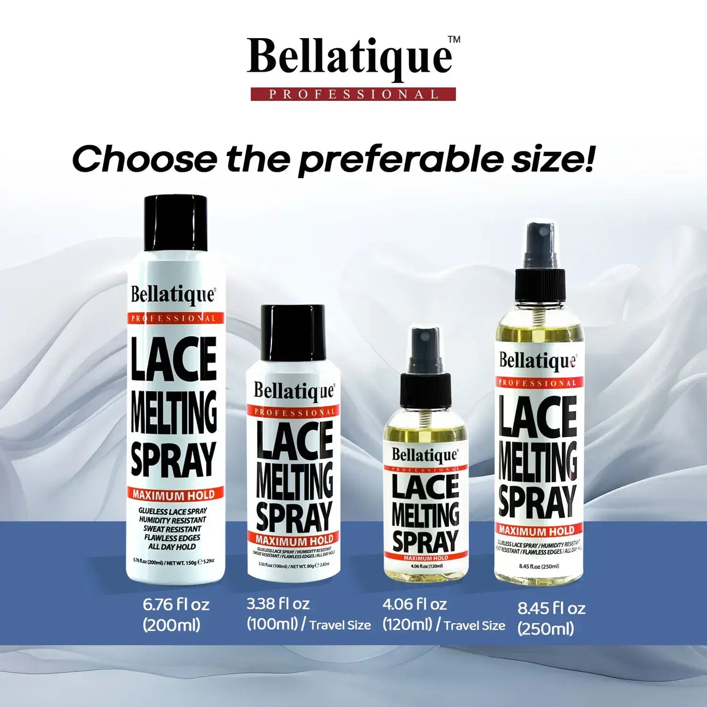 Designed Bellatique® Professional Lace Melting Spray available sizes information sheet