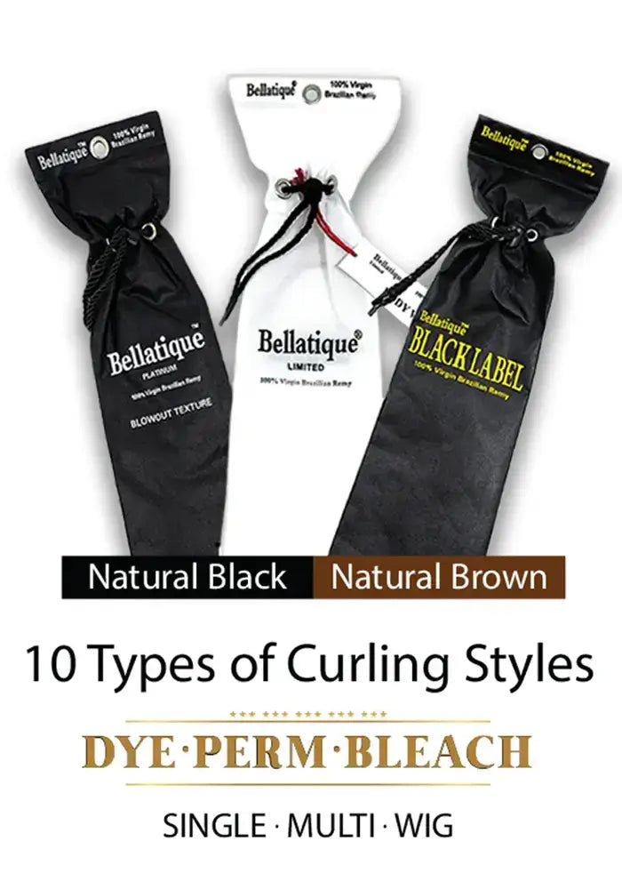 Bellatique® single bundle product packages showing Natural Black, Natural Brown, and Black Label options