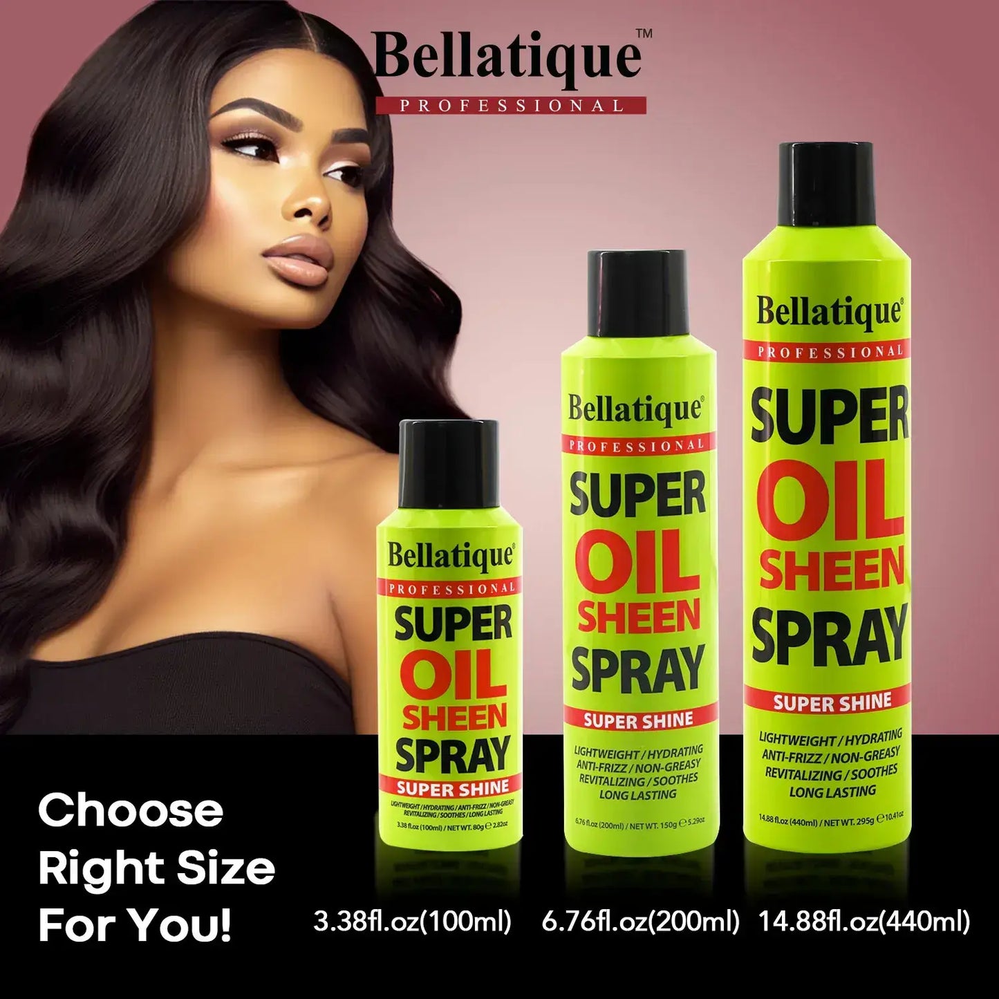 Designed Bellatique® Professional Super Oil Sheen Spray available sizes information sheet