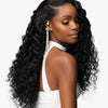 Partial back profile of a model with Sensationnel® Pearlish™ Euro Deep Wave hair extensions