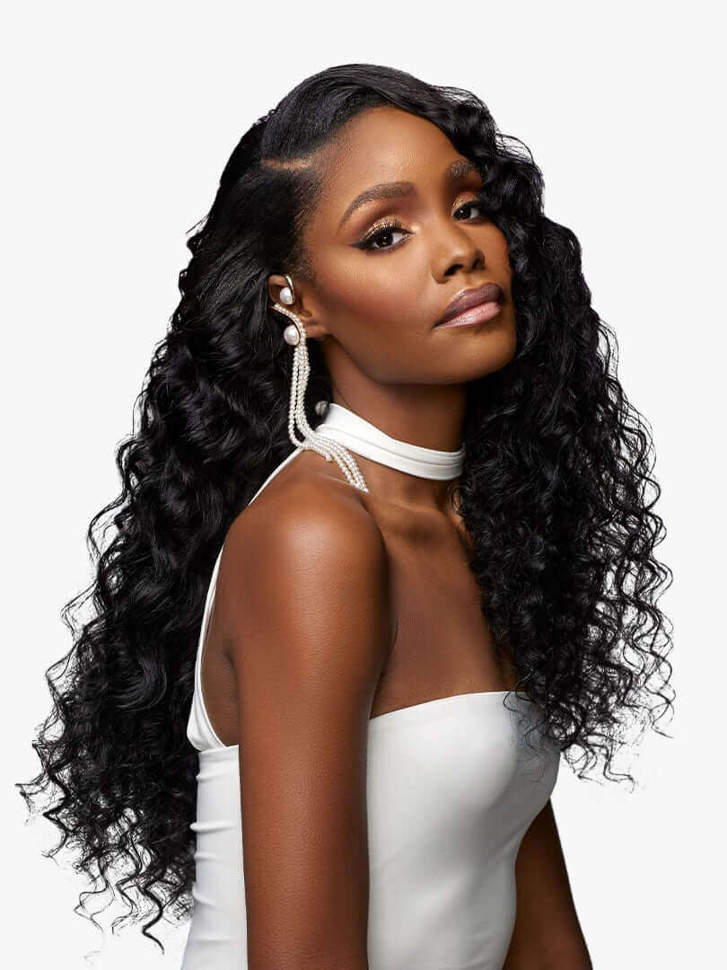 Partial front profile of a model with Sensationnel® Pearlish™ Euro Deep Wave hair bundles