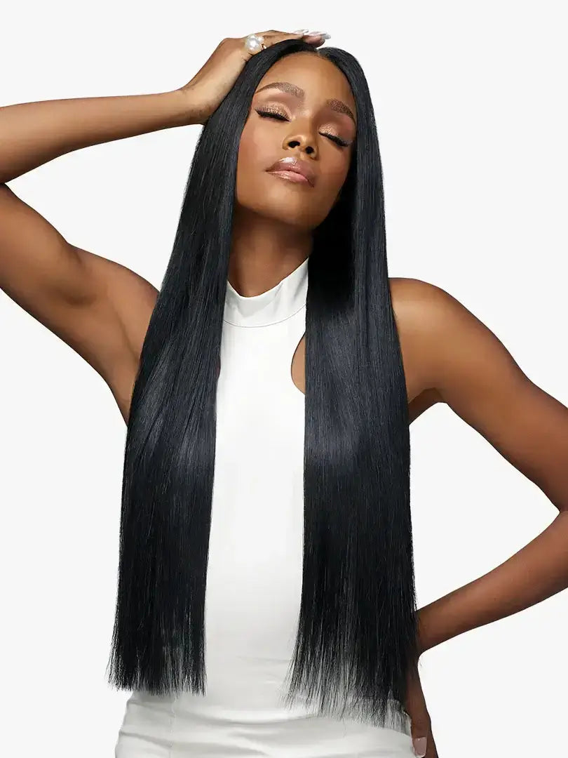 A model facing forward with Sensationnel® Pearlish™ Straight hair bundles