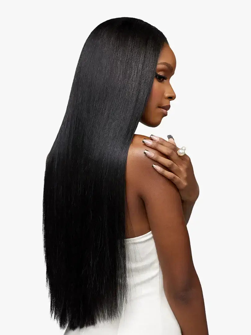 Partial back profile of a model with Sensationnel® Pearlish™ Straight hair bundles