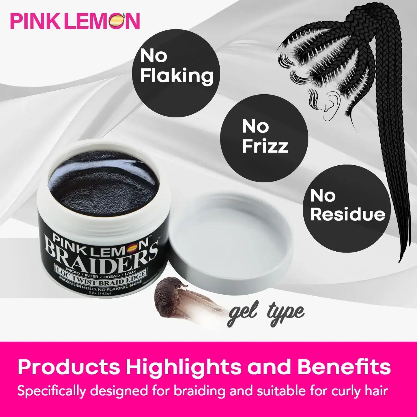 Designed product highlights sheet for Pink Lemon ® Braiders Loc/Twist/Braid/Edge Gel