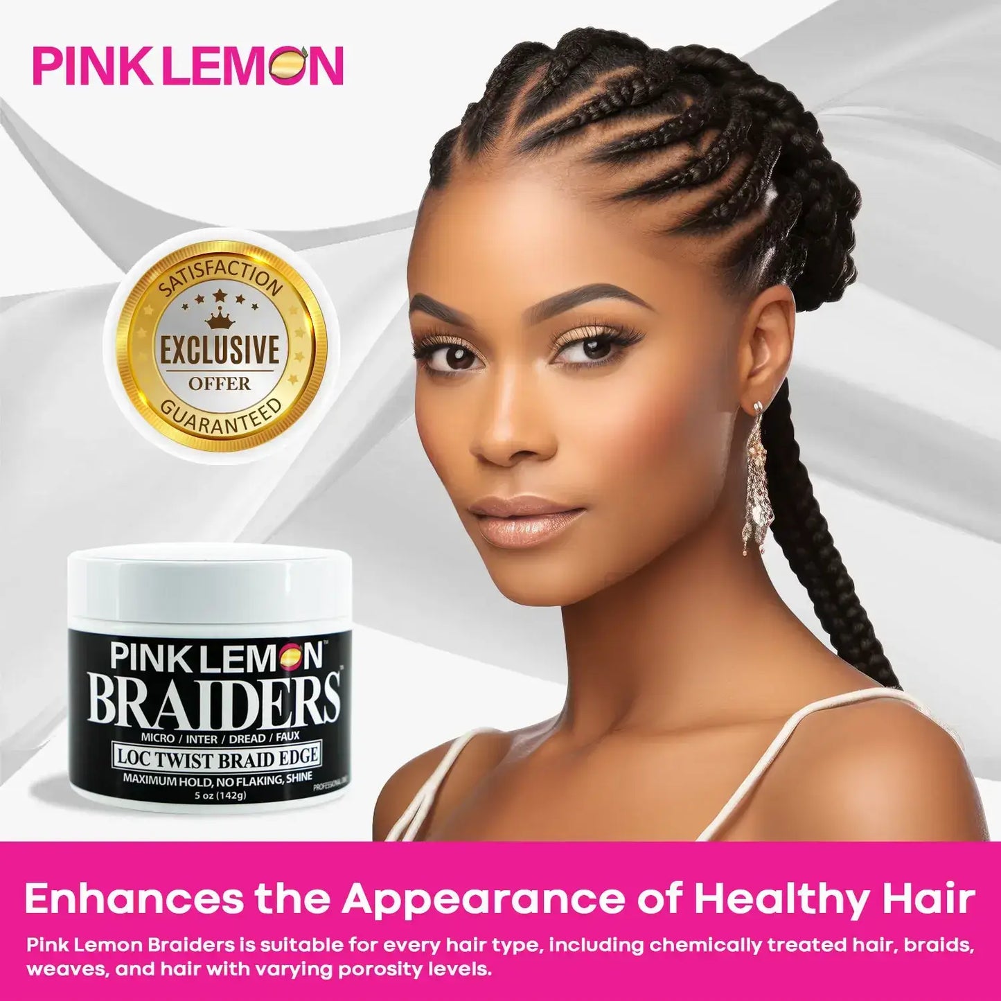 Designed product benefits sheet for Pink Lemon ® Braiders Loc/Twist/Braid/Edge Gel