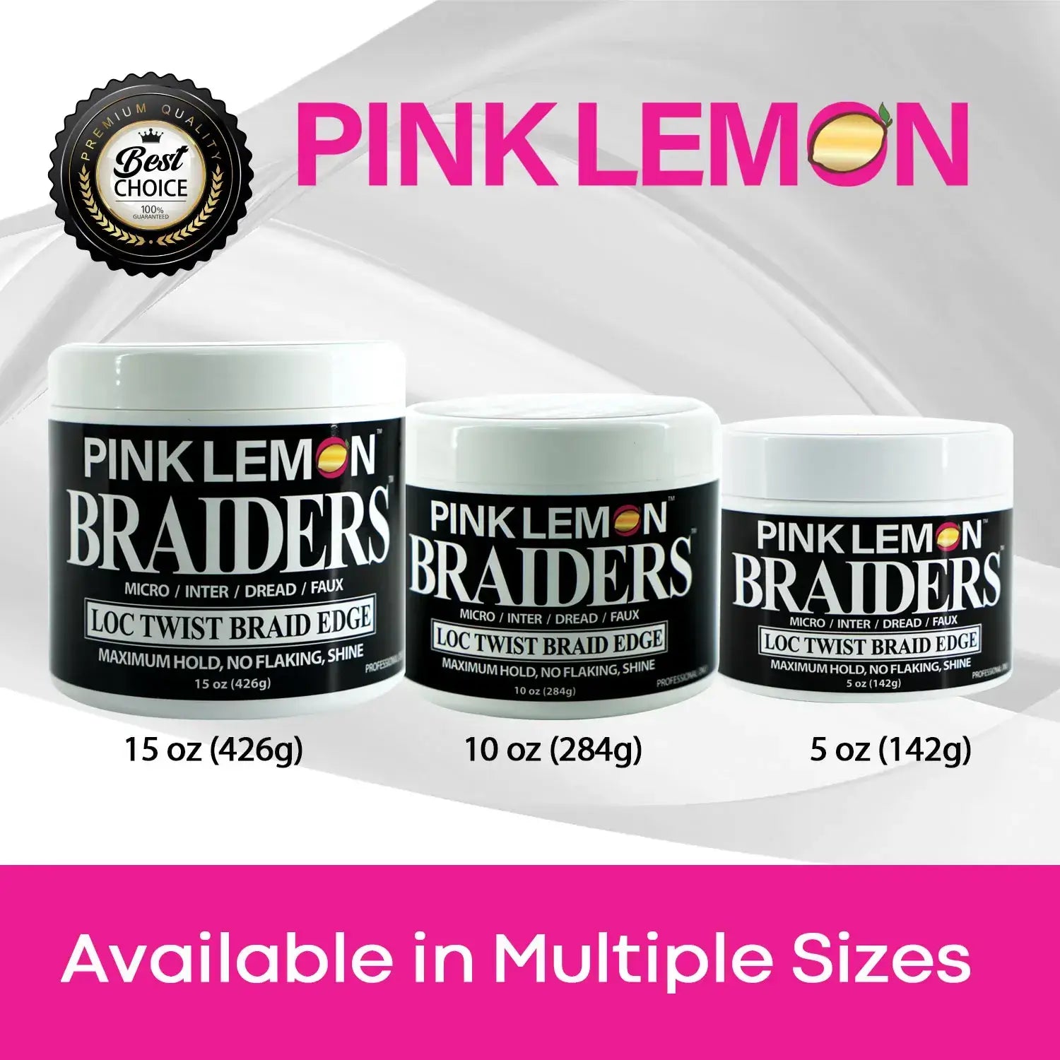 Designed available product sizes sheet for Pink Lemon ® Braiders Loc/Twist/Braid/Edge Gel