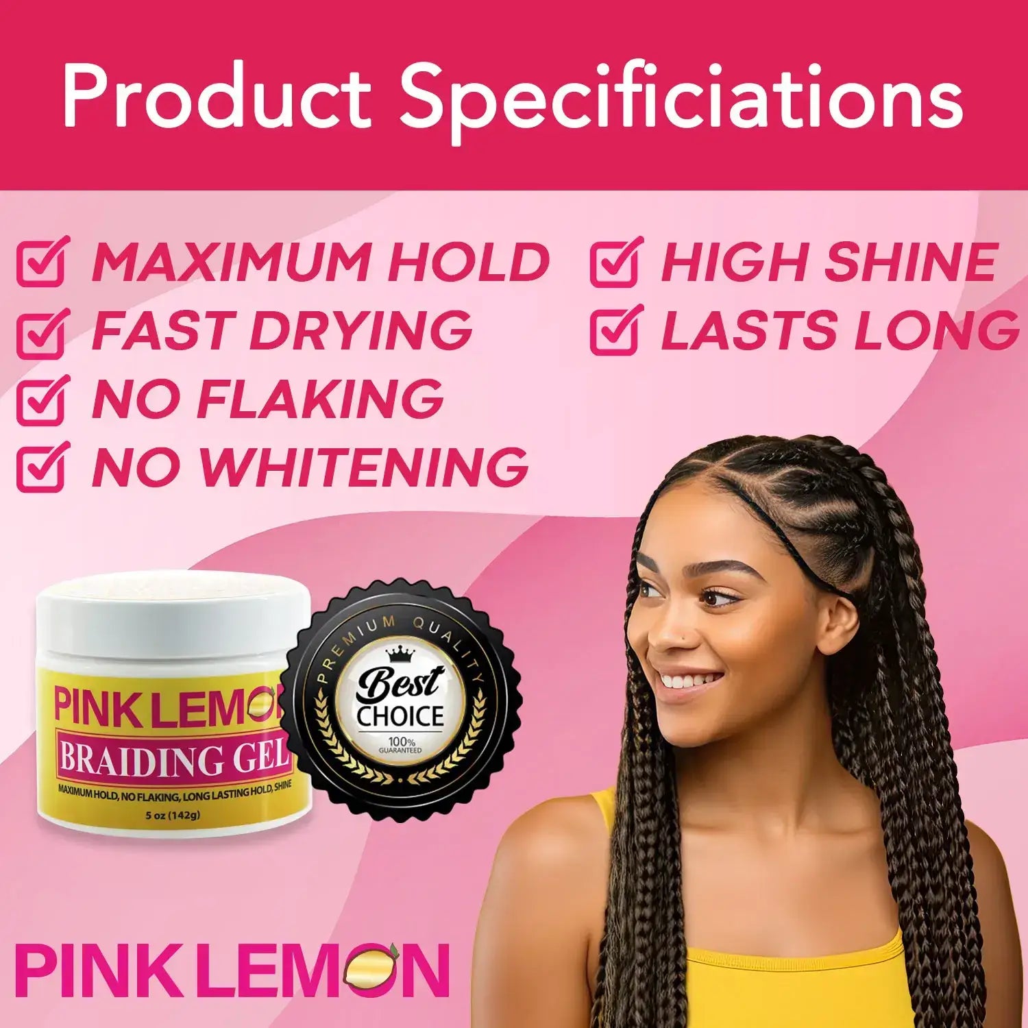 Designed product specification sheet for Pink Lemon ® Braiding Gel